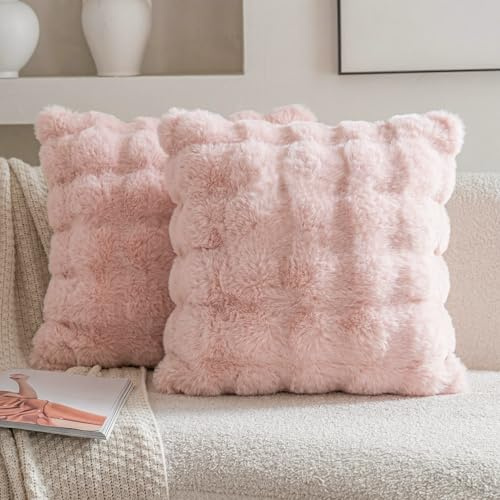 Neelvin Set of 2 Decorative Cushion Covers Thick Plush Wool Pink Throw Pillow Covers 40x40 cm,16x16 Inches Pillowcase Plush fluffy for Couch Livingroom Sofa Bedroom