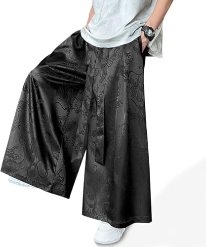 HZCX FASHION Mens Womens Baggy Wide Leg Palazzo Pant Dragon Satin Flowy Kung Fu Slacks Casual Trousers Lightweight Yoga Pants(Black,X-Large)