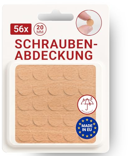 LouMaxx Abdeckkappen für Schrauben rund, Buche Ø 20 mm – 56er Set Selbstklebende Abdeckkappen für Bohrlöcher und kleine Beschädigungen – Universelle Schraubenabdeckung Made in EU