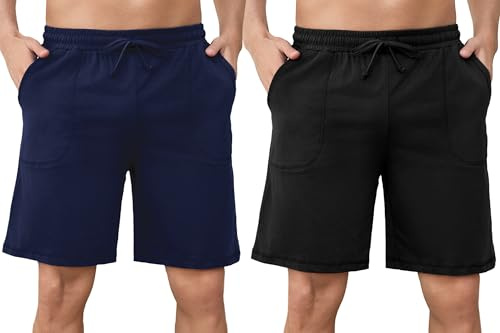 Aseniza Short Pyjama Homme 2 Pcs Bas de Pyjama Homme Coton Pantalon de Pyjama Court Doux Sommeil Décontracté Short de Nuit et Poches Pyjama Shorts Ete Noir + Bleufoncé, XL