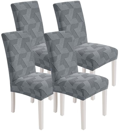 XINEAGE 4 Packs Dining Chair Slipcovers, Geometrical Jacquard Parson Dining Chair Covers, Washable Chair Protectors for Dining Room, Kitchen, Restaurant, Hotel, Light Grey
