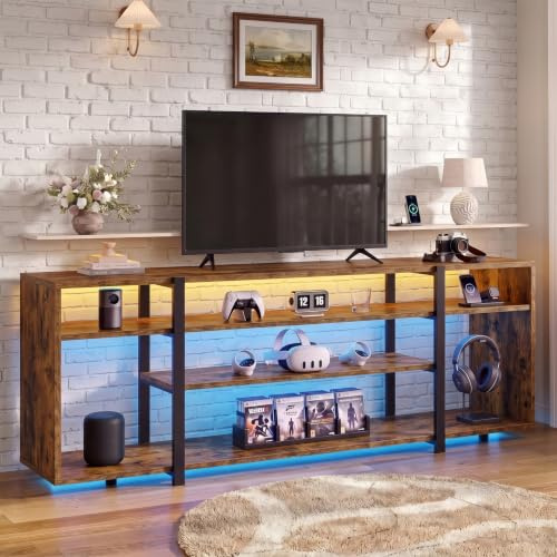 Blisswood TV Stand Cabinet with LED Lights, Industrial TV Unit with 7 Open Shelves for TV up to 65 Inch,140cm Rustic Storage Media Console, Metal Frame, RGB Gaming Entertainment Center for Living Room