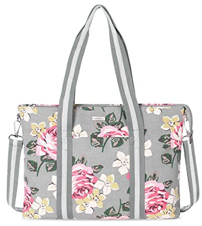 MOSISO Laptop Tote Bag for Women (17-17.3 inch), Canvas Rose Multifunctional Work Travel Shopping Duffel Carrying Shoulder Handbag Compatible with MacBook, Notebook and Chromebook, Grey