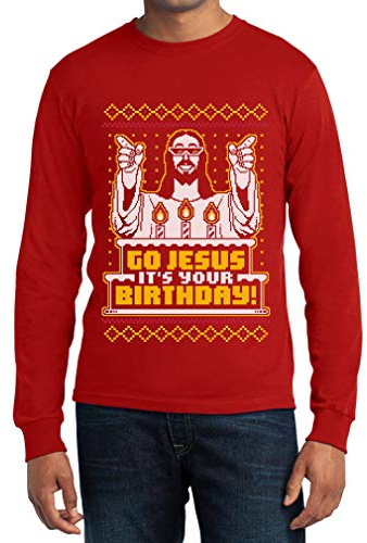 Maglia Maniche Lunghe Uomo Motivo Natalizio Go Jesus It's Your Birthday Natale Medium Rosso