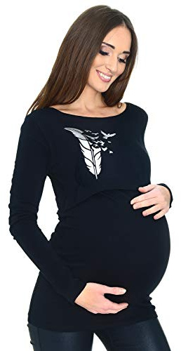 Mija - 2 en 1 Top de la Camisa cómodo de Maternidad & Lactancia Manga Larga 9088 (EU40 / L, Negro/Plumaje)