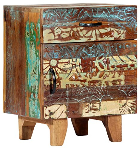 vidaXL Nachttisch 1 Schublade 1 Türen mit handgeschnitztem Muster Nachtkommode Nachtkonsole Nachtschrank Schlafzimmer 40x30x50cm Recyceltes Massivholz