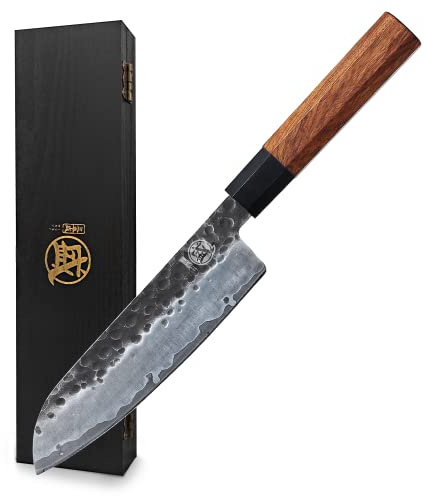 MITSUMOTO SAKARI Santoku Chef Knife 7 inch - Hand Forged Japanese Kitchen Knives, 3-Layer 9CR18MOV High Carbon Steel, Rosewood Handle & Sandalwood Box