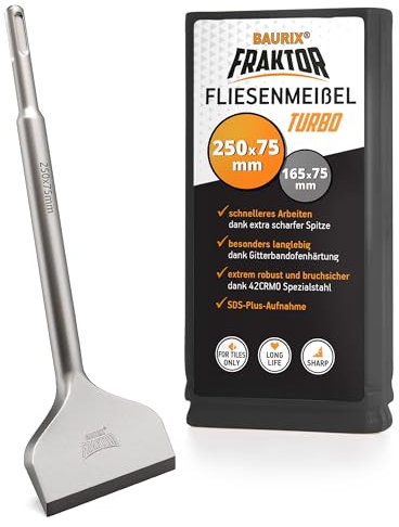 BAURIX® Cincel para Azulejos SDS Plus [250x75 mm] I FRAKTOR®-Sistema - Eliminación Rápida de Baldosas I Cincel Plano Inclinable para Azulejos y Adhesivo I Acero Especial 42CrMo