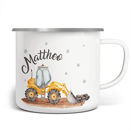 miKalino Emaille Tasse Jungs - Trinkbecher Kinder personalisiert - Emaille Becher mit Radlader-Motiv - Kindertasse mit Namen - Kindertasse bedruckt - Emaille Becher Weiß