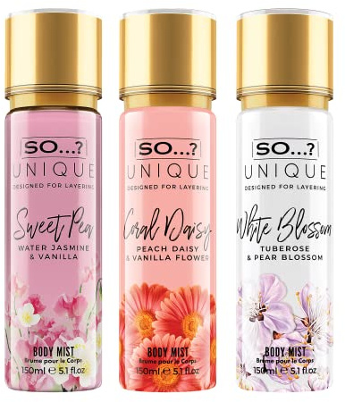 So…? Unique Womens Summer Breeze Bundle Sweet Pea, Coral, White Blossom Body Mist Spray Mixed Fragrance Set 150ml (Pack of 3)