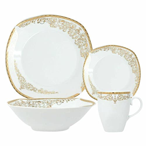 Royal 16-Piece Square Porcelain Dinner Set for 4– 4 Dinner Plates and Bowls Set 4 Side Plates & Mugs, Dishwasher Safe, Highly Resistant Dinnerware, Kitchen & Dining - Vintage Donya - Gold