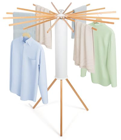 Todeco Wäscheständer platzsparend Holz, Wäscheständer Turm Klappbar, Mobiler Turmwäscheständer für Balkon Wohnzimmer Wäscheraum Badezimmer, weiß