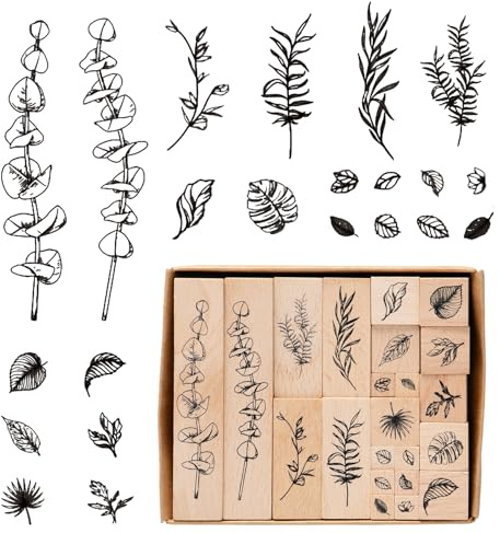 Rebanky 22 Pcs Vintage Wooden Printing Stamps Wood Rubber Flower Stamps Natural Plant and Floral Ink Wooden Stamp for Card Making Wood Rubber Stamp Set for Craft Scrapbooking