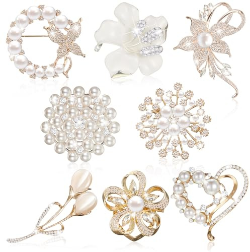 Ecally 8 Pcs Flower Brooch Pins for Women, Crystal Pearl Brooch and Pins for Dress, Coat, Shawl – Gift for Mother，Wedding (Groovy)
