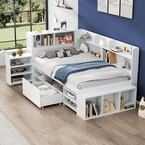 Kinderbett Einzelbett 90x200 mit Schubladen, Bücherregal und Versteckter Stauschrank, Bettgestell mit Lattenrost und großer Stauraum, Stauraumbett Multifunktionsbett Jugendbett, Ohne Matratze, Weiß