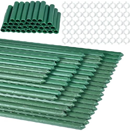 50PCS Green Garden Plant Stakes,11mm x 40cm Plastic Coated Steel Tubes Garden Canes for Plants with 36 Connectors and 50 Clear Clips,Sturdy Garden Poles for Supporting Vegetables Flowers Tomatoes（有专利）