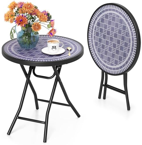 GOPLUS Beistelltisch rund, Ø46cm Gartentisch klappbar aus Metall und gehärtetem Glas, Balkontisch klein wetterfest, Bistrotisch Kaffeetisch, Terrassentisch Outdoor für Balkon Garten Terrasse (Grau)