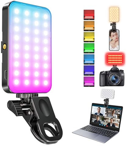 106 LED Selfie Handy Licht, 3000K–7000K 2200mAh Handylicht mit Clip & Kamera Adapter für Make-up/Vlogs/Fotografie/Streaming, 44 RGB Modi Dimmbare Tragbares Videolicht für Phone, iPhone, iPad, Laptop