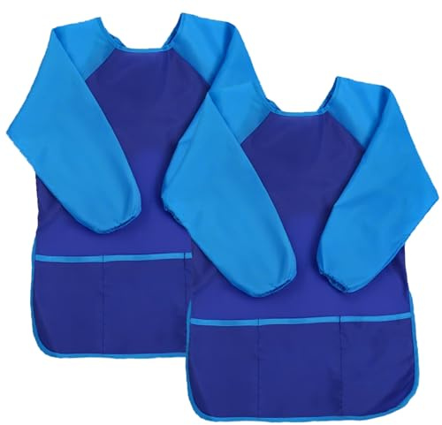 XIEJINJIA 2 Pack Kids Art Smock with Long Sleeve 3 Roomy Pockets Artist Children Aprons for Age 3-8 Cooking Painting Craft (Blue)