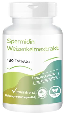 Vitamintrend Spermidine vetegroddsextrakt, 180 tabletter, 6 mg spermidin per tablett, polyaminförening, högdos, veganskt kosttillskott utan magnesiumstearat, tillverkat i Tyskland
