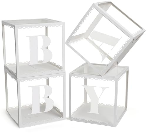 Babyparty Deko Box Mädchen Junge Baby Party Dekoration 4 Transparente Ballonboxen mit Zarte Spitze, Buchstaben Baby, BabyShower Deko Boxen Für Babyparty, Geburtstags, Gender Reveal