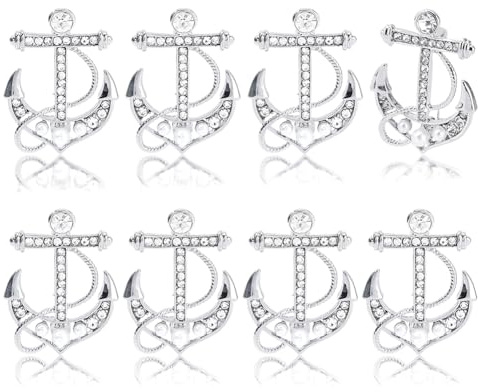 DICOSMETIC 8 broches de ancla de solapa con perlas y diamantes de imitación, broche de ancla de platino, broches náuticos para solapa, alfileres de marinero brillantes para mochilas, sombreros