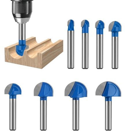 Fatiya Set di 8 punte per fresa con gambo da 1/4, in carburo massiccio, punta rotonda a doppia scanalatura per lavorazione del legno, diametro di taglio 1/4, 5/16, 3/8, 1/2, 5/8, 3/4, 7/8