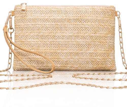 Larcenciel Straw Women's Clutches, Bohemian Woven Clutch Bag w/Chain & Wristlet, Summer Holiday Zipper Beach Bag for Wedding