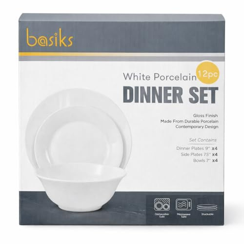 White Porcelain Dinner Set 12 Piece | 4 Dinner Plates 9, 4 Side Plates 7.5, 4 Bowls 7 | Dishwasher & Microwave Safe