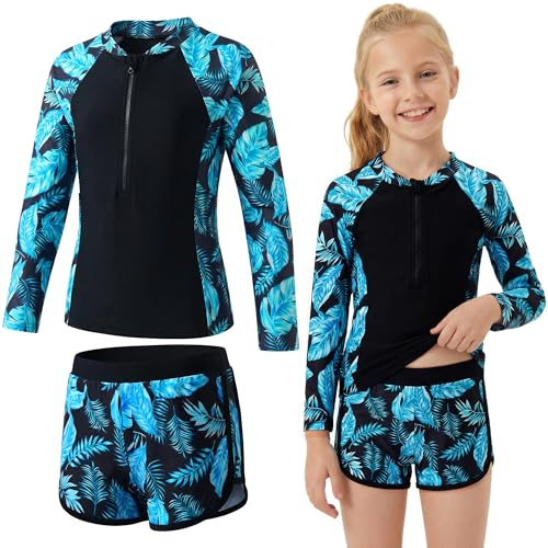 Baogaier Traje de Baño Niña 2 Piezas Manga Larga Protección Solar 5-13 Años | Floral Estampado, Top con Cremallera y Shorts, Secado Rápido, Bañador, Suaves Rash Guard, Vacaciones Playa Piscina Ropa