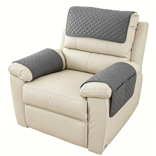 LSYJKO Sofa Armrest Cover, 3 Pcs Armchair Slipcover | Waterproof Headrest Covers for Recliner Chair Arm Covers with Pockets Furniture Protector for Leather Sofa Couch (Dark Grey)