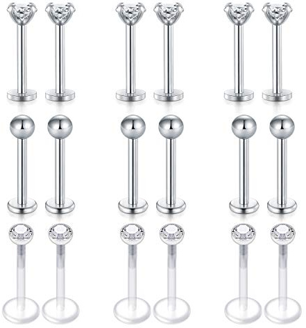 Rajnard Piercing Labbro Labret Studs 16G Acciaio Chirurgico e plastica bioflex 10mm Piercing Tragus Helix CZ Argento