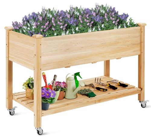 RELAX4LIFE Huerto Urbano con Ruedas Bloqueables y Estante para Maceteros y Herramientas, Jardinera Exterior de Madera Abeto con Orificios de Drenaje y Tela no Tejida para Terraza/Jardín, 120x59x84cm