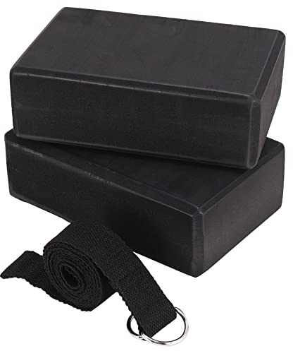Iunipusy Set di 2 blocchi da yoga e cinghie in cotone da 1,83 m, in schiuma EVA, morbidi blocchi antiscivolo per allungamento universale e tonificante, colore nero