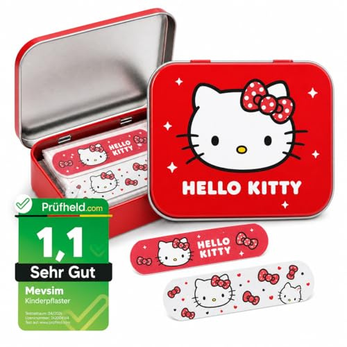 Hello Kitty Tiritas Infantiles – 24 Apósitos Adhesivos Resistentes al Agua e Hipoalergénicos en Caja Metálica – Tiritas para Heridas de Niños con Diseño Oficial Hello Kitty