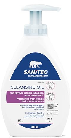 Sanitec CLEANSING OIL, Olio da Bagno Detergente con Ingredienti ad azione emolliente e Idratante, Formula Delicata, Senza Conservanti, Ideale per tutti i tipi di pelle, 300 ml