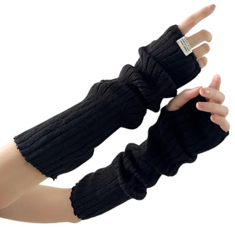 DUNKOING Cute Y2K Arm Warmers Kawaii Knitted Wrist Warmers Long Japanese Harajuku Goth Fingerless Sleeve for Women Girls, Black-1, Standard