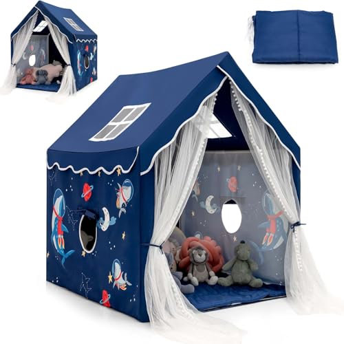 HOMASIS Tienda de campaña Infantil, Casa de Juegos con Alfombra Acolchada extraíble, 4 Ventanas de Malla Transpirable y Cortina, Tienda de Juegos para niños de 1+ años, 121x105x137cm (Azul)