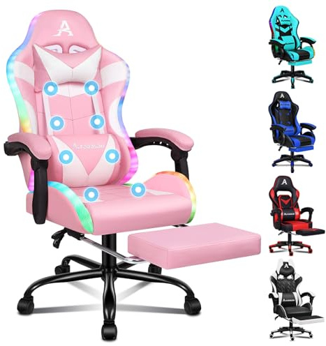 ALFORDSON Gamer-stol massage gamer stolar RGB LED racing PC kontorsstol, rosa