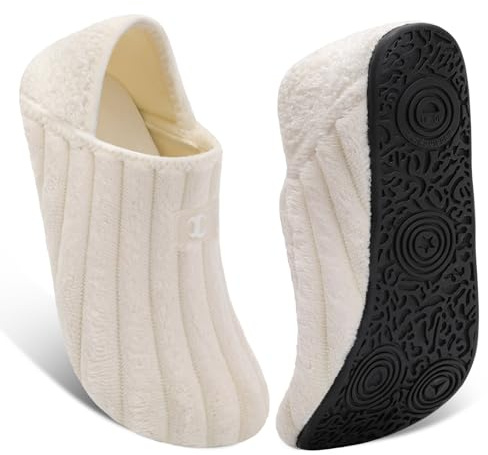 Scurtain House Slippers for Women Men Barefoot Slippers Socks Fuzzy House Shoes with Rubber Sole Slip On Soft Lightweight Non Slip Indoor/Outdoor White Stripe 10-10.5 W
