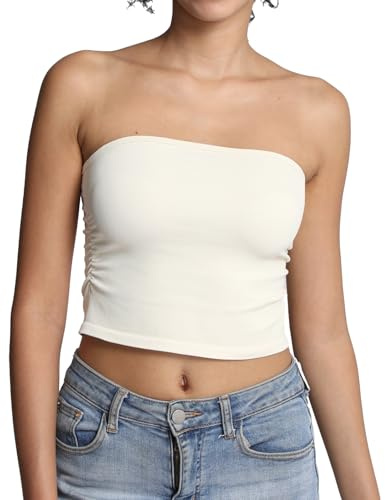 Comfyin Tube Tops for Women Strapless Bandeau Sleeveless Crop Top Basic Backless Summer Going Out Tank Top,Beige,S