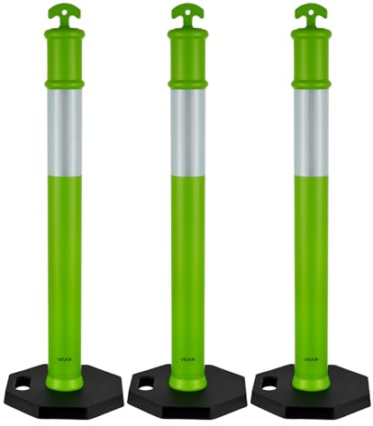 VEVOR 3 Pack Traffic Delineator Posts, 45 inches Traffic Safety Cones with Weighted Base and Reflective Strips, Heavy Duty Delineator Posts for Construction Site, Parking Lot, Crowd Control, Green