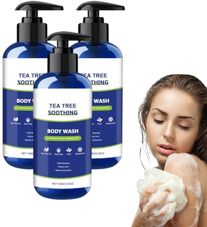 Gel de baño de árbol de té para hombres y mujeres con aceite de menta - Gel de baño refrescante para uso diario - Ayuda a calmar la picazón de la piel seca - Apto para todo tipo de piel (3 botellas)