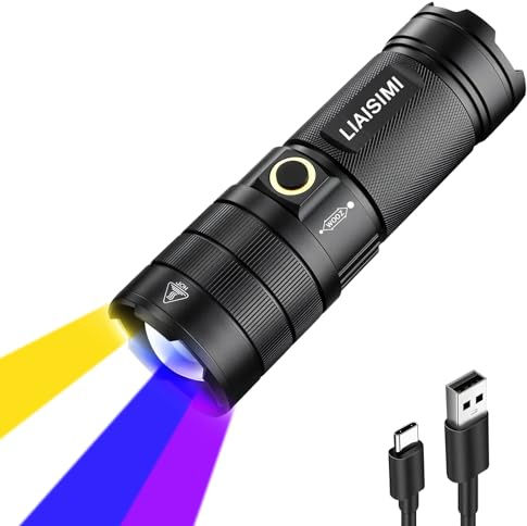 LIAISIMI Lampe de Poche 4 en 1 avec Lumières Blanche, Jaune, Bleue et UV, 2000 Lumens Lampe Torche Rechargeable avec Écran LCD, Zoomable, IPX4, 6 Modes de Feu Arrière pour Randonnée, Chasse, Militaire