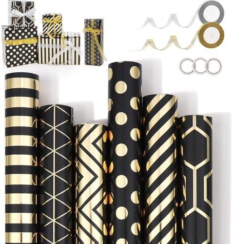 Julpapper presentpapper, 6 rullar 43 x 300 cm presentpappersset, svart guld presentpappersrulle, med band och klistermärken, omslagspappersrullar för presentlådor och dekoration