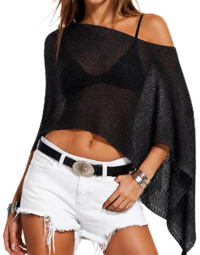 Okdance Women's Sheer Poncho Beach Cover Up Loose Sheer Asymmetric Tops Trendy Lightweight Summer One Shoulder Boho Beach Vacation Cape Top Crop (Black)