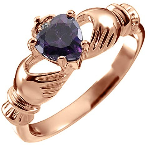 GWG Jewellery 18K Rose Gold Coated Claddagh Love Ring with Amethyst Purple Heart Stone, Hands, and Crown – 9 in Gift Box for Women