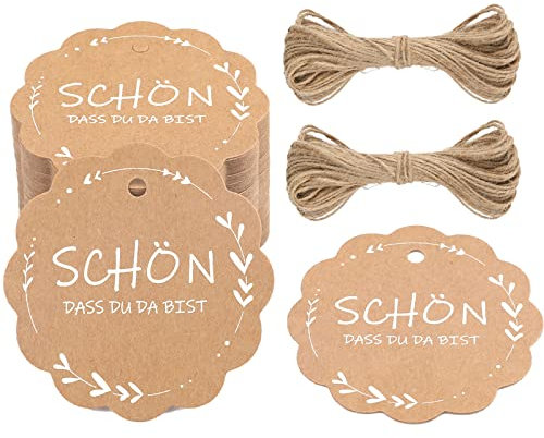 G2PLUS SCHÖN DASS DU DA BIST Geschenkanhänger, 6CM Hochzeit Anhänger für Gastgeschenke, Braun und Weiß Kraftpapier Etiketten Anhänger mit Jute-Schnur für Kleine Gastgeschenke zur Hochzeit