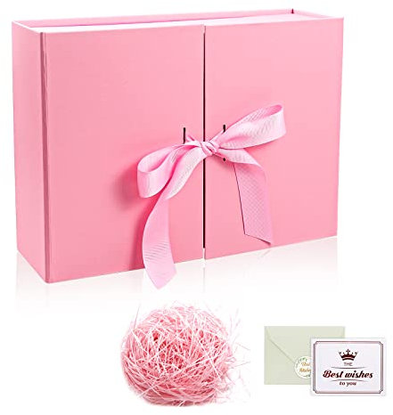 Geschenkbox Mit Schleife, Deckel, Schleifenband Und Geschreddertem Papier - Magnetische Box Für Hochzeit, Geburtstag, Weihnachten, Jubiläum (Rosa, 26.5 * 19 * 8)