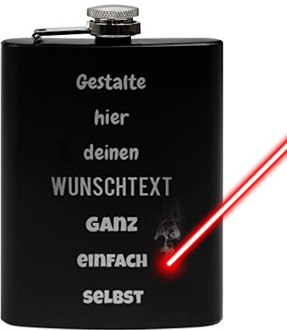PR Print Royal Flachmann mit Gravur aus Edelstahl selbst gestalten - mit Wunschtext gravieren - Geschenkidee für Freunde - Praktische Taschengröße | Schwarz, 225 ml, Lasergravur